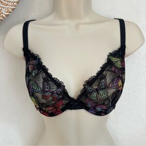 Fleur du Mal Black Embroidered Butterfly Plunge Demi Bra. Size 32F (DDD)